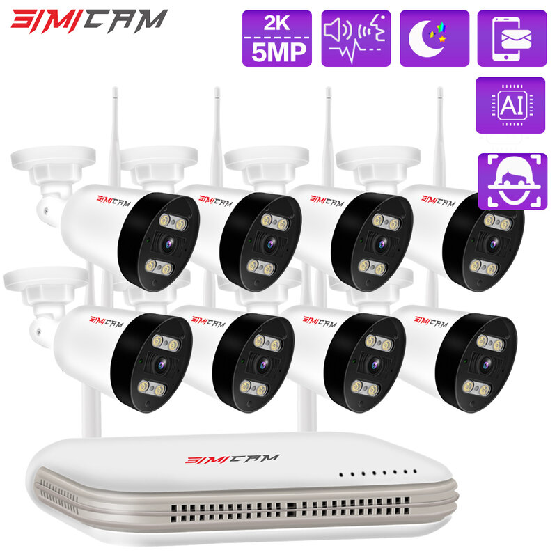 SIMICAM 5MP kamery monitorujące z bezprzewodowym dostępem do internetu 4/8 kanałów wideorejestrator 2K/3MP dwukierunkowy dźwięk bezprzewodowy IP na zewnątrz System bezpieczeństwa CCTV