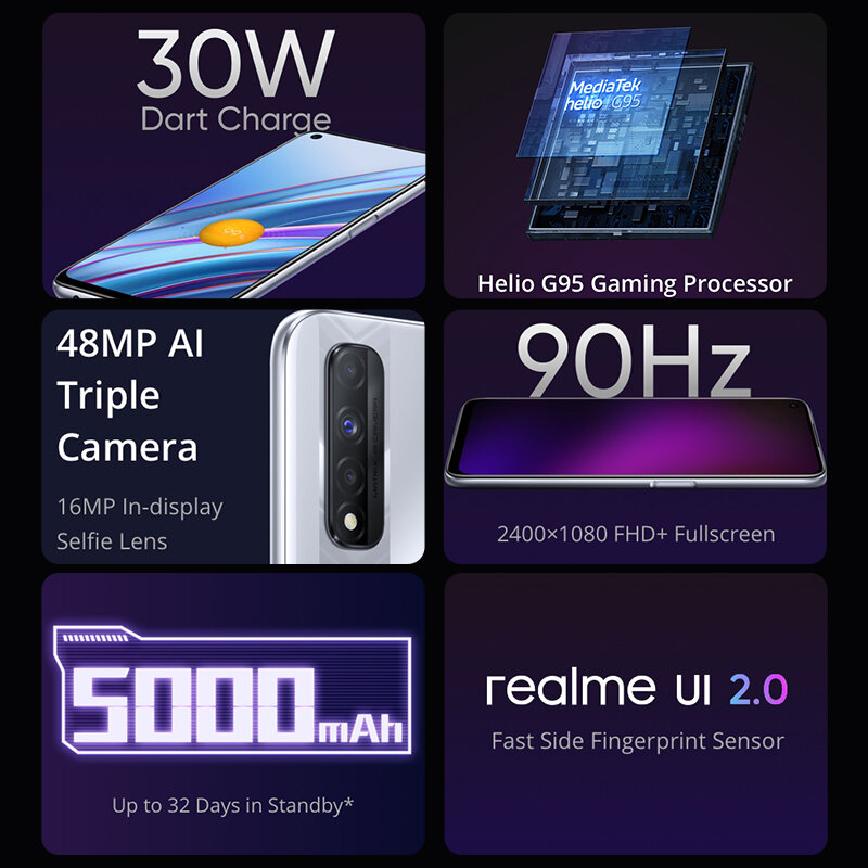 Realme Narzo 30 4G โทรศัพท์รัสเซียรุ่น Helio G95 6.5 "FHD 90Hz 48MP กล้อง5000MAh Realme UI 2.0 Android 11