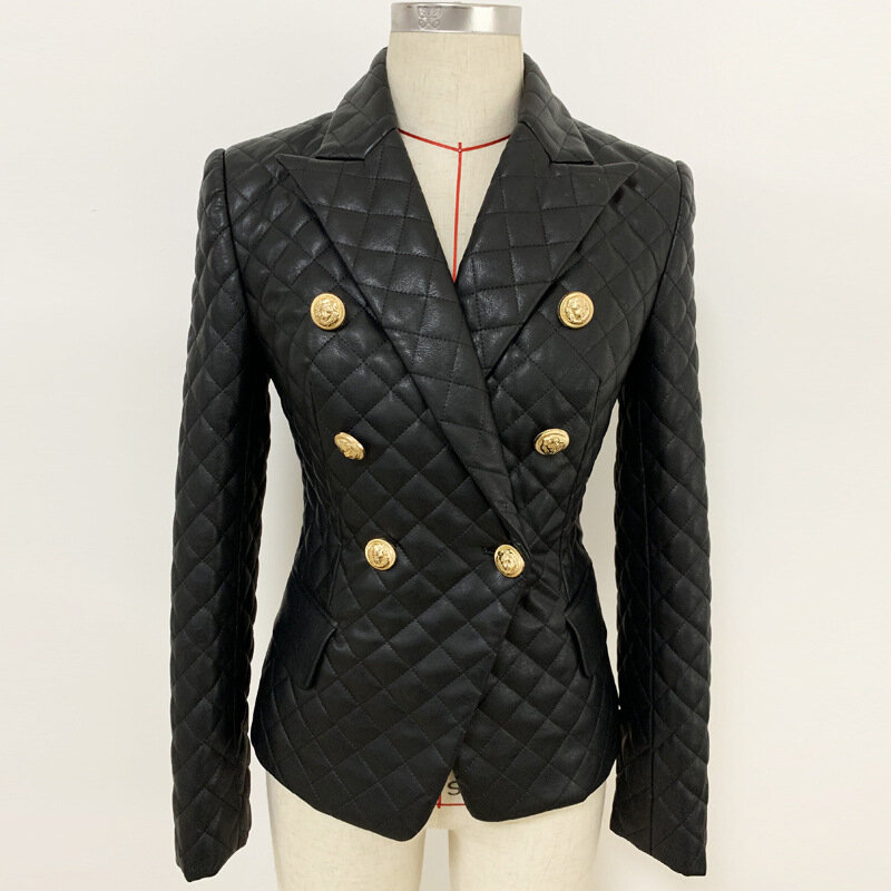 Conjunto de blazer de couro feminino com duas peças, casaco xadrez de couro com manga longa + saia, conjunto com 2 peças, blazer e escritório para mulheres