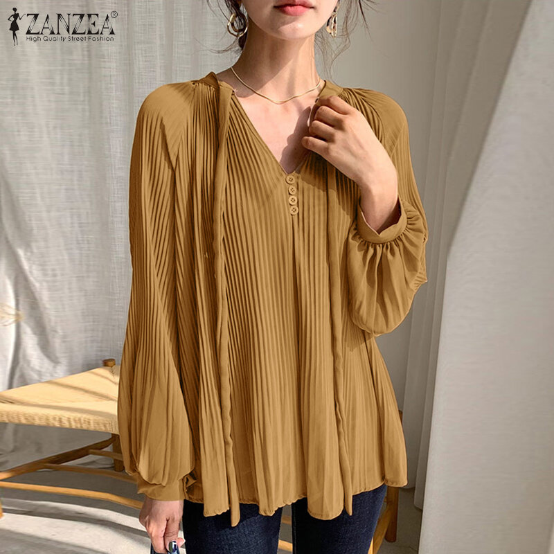 2021 jesień plisowany szyfon topy kobiety moda solidna Blusas kobieta OL V Neck koszula Casual Oversize koszulka ZANZEA elegancka bluzka