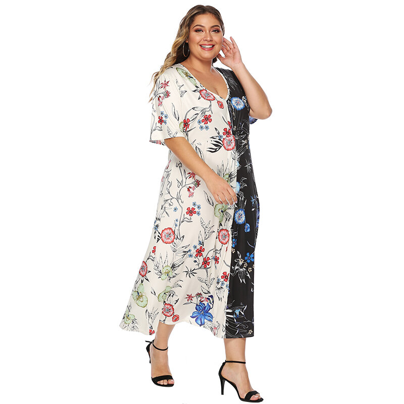 Plus size vestido de verão com decote em v manga curta impressão digital costura contraste cor solta vestido feminino roupas rua hipster