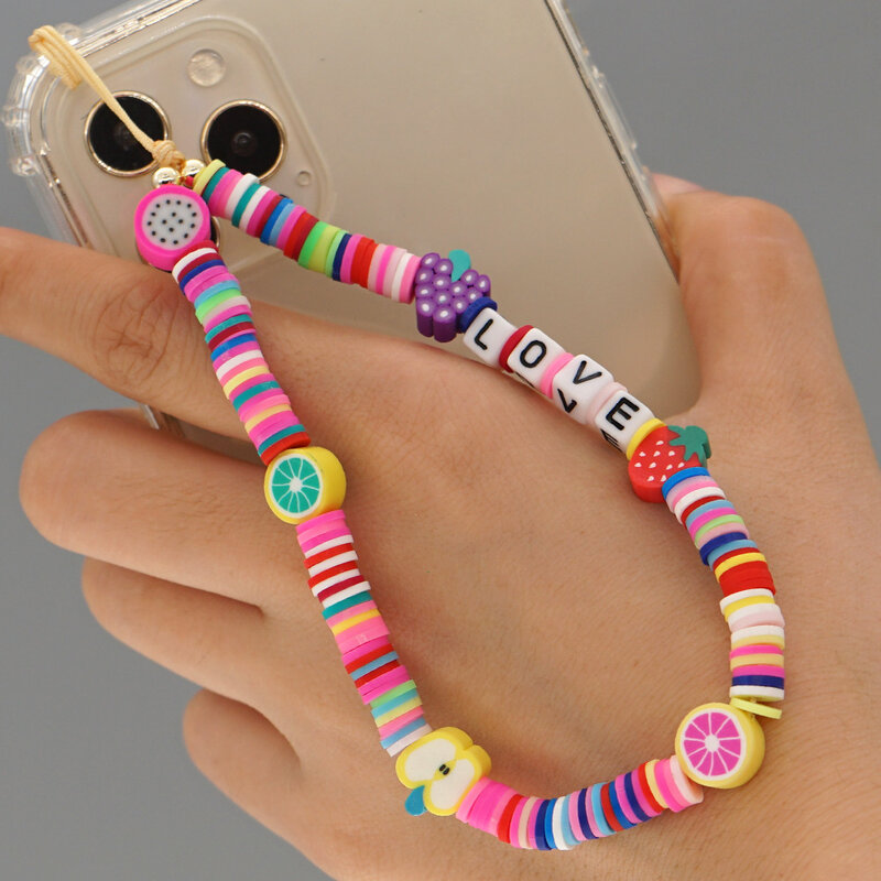 Summer Colorful Soft Polymer Clay Mobile Phone Strap Chain Lanyards Women Girls Bohemia Pearl Rope For Phone Case Hanging Cord