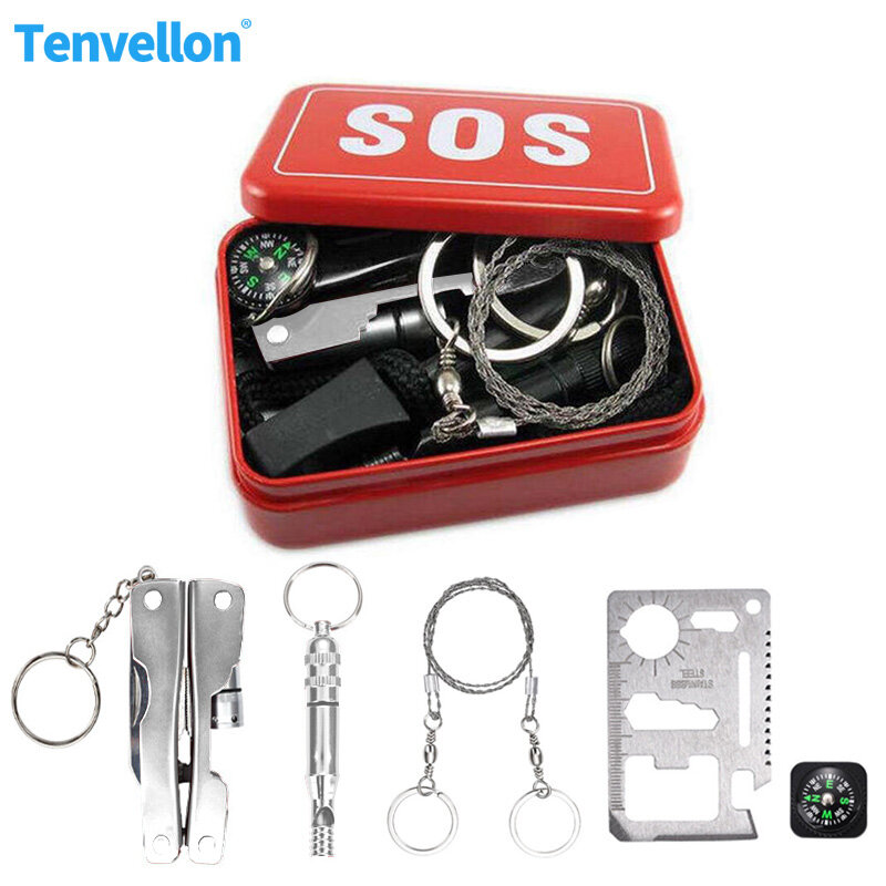Military Survival Safety Survival Escape Kit Outdoor Emergency Camping kit self help box SOS for Hiking saw whistle compass