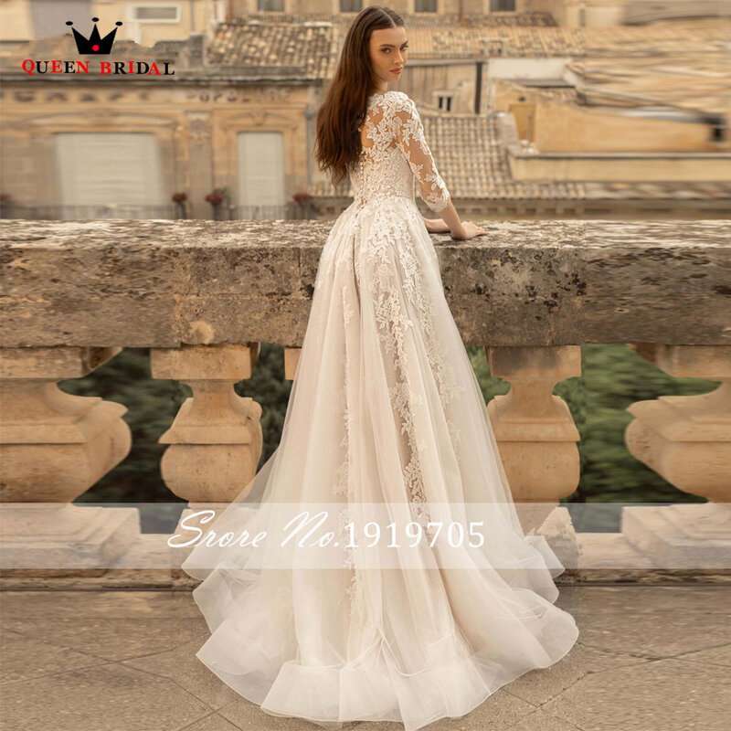 Eleganckie suknie ślubne linii 3 4 rękawy tiulowe koronkowe aplikacje formalna suknia ślubna 2023 nowy projekt Custom Made DS37