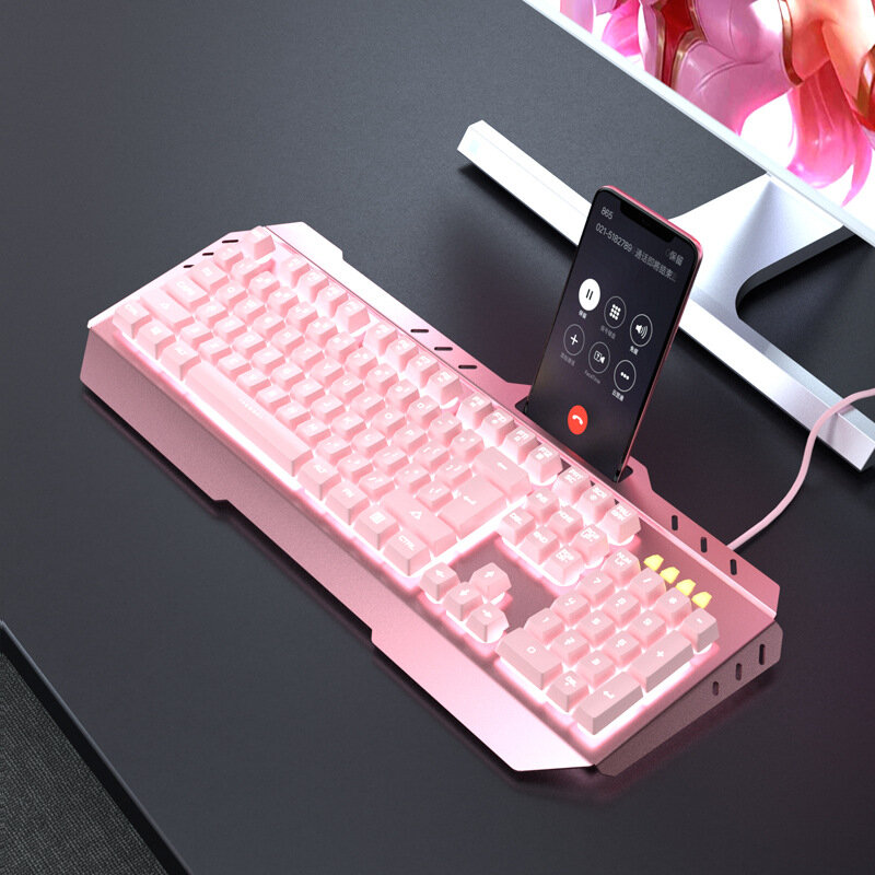 Real Mechanical Keyboard and Mouse Set Computer E-sports Game Set Pink Metal Keyboard Computer Gaming Game Set Gift for Girl