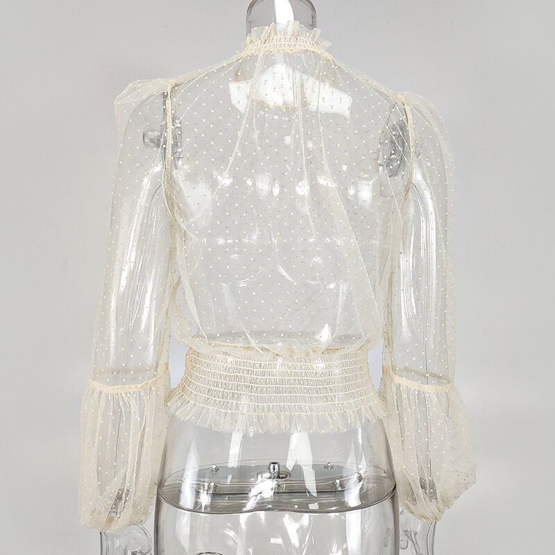 NewAsia-Blusa de malla de lunares para mujer, Top corto elástico Sexy con manga farol, camisa de cuello alto, ropa de fiesta para discoteca, 2020