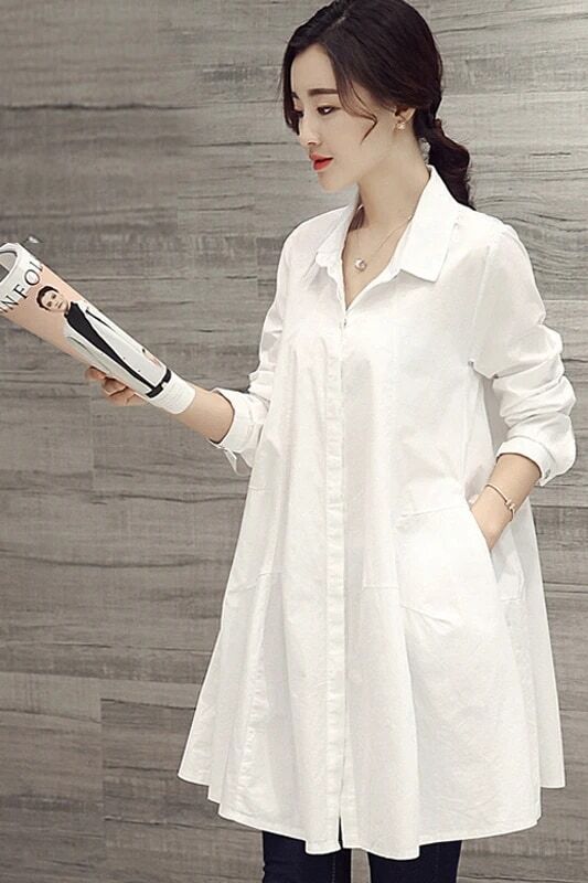 Camisa de mujer en un top largo suelto de manga larga, diseño de camisa blanca, Blusa de manga larga de primavera y otoño, High Street