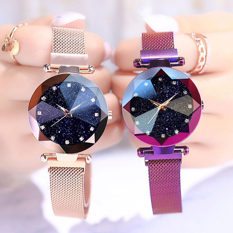 Relógio para mulheres, céu estrelado de luxo de malha de aço inoxidável pulseira relógio para mulheres cristal analógico de quartzo relógio de pulso senhoras relógio esportivo