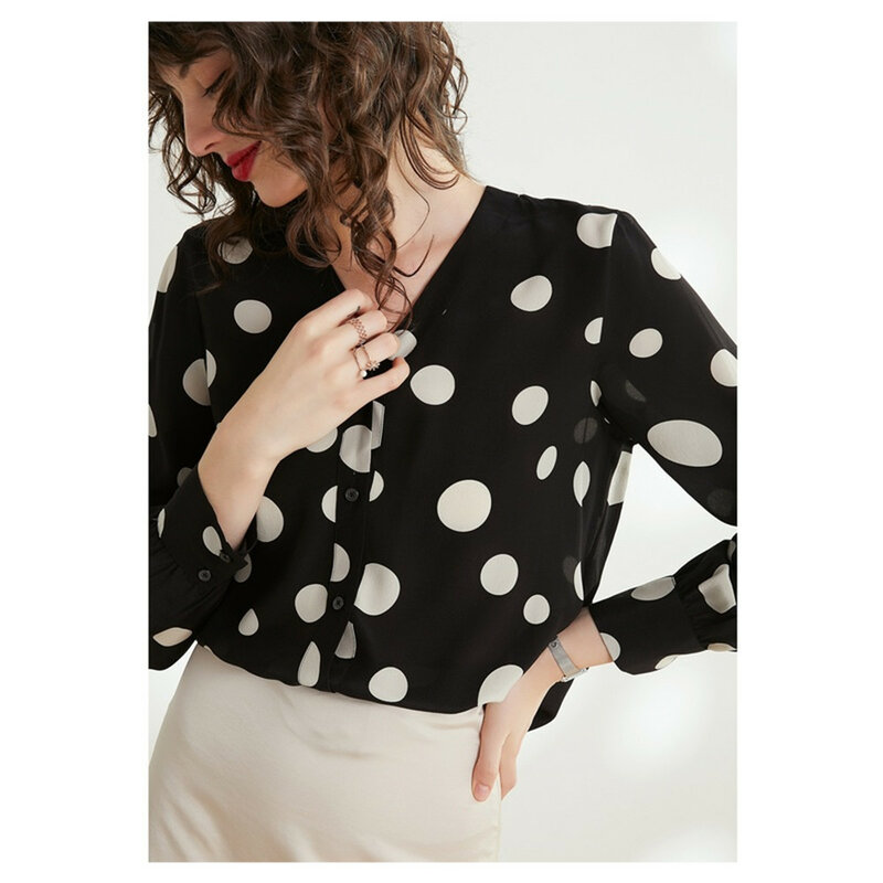 Silviye del puntino di Polka stampato donne della camicia di seta a maniche lunghe temperamento Con Scollo A V del partito di modo che basa top blusas mujer de moda 2020