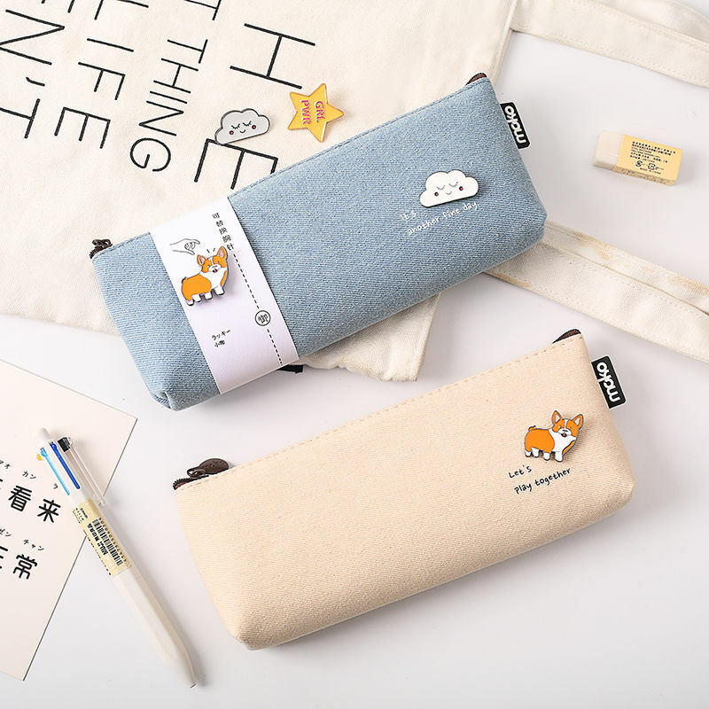 Cute canvas pencil case ins Japanese girl Korean version of simple stationery box junior high school student stationery bag stud