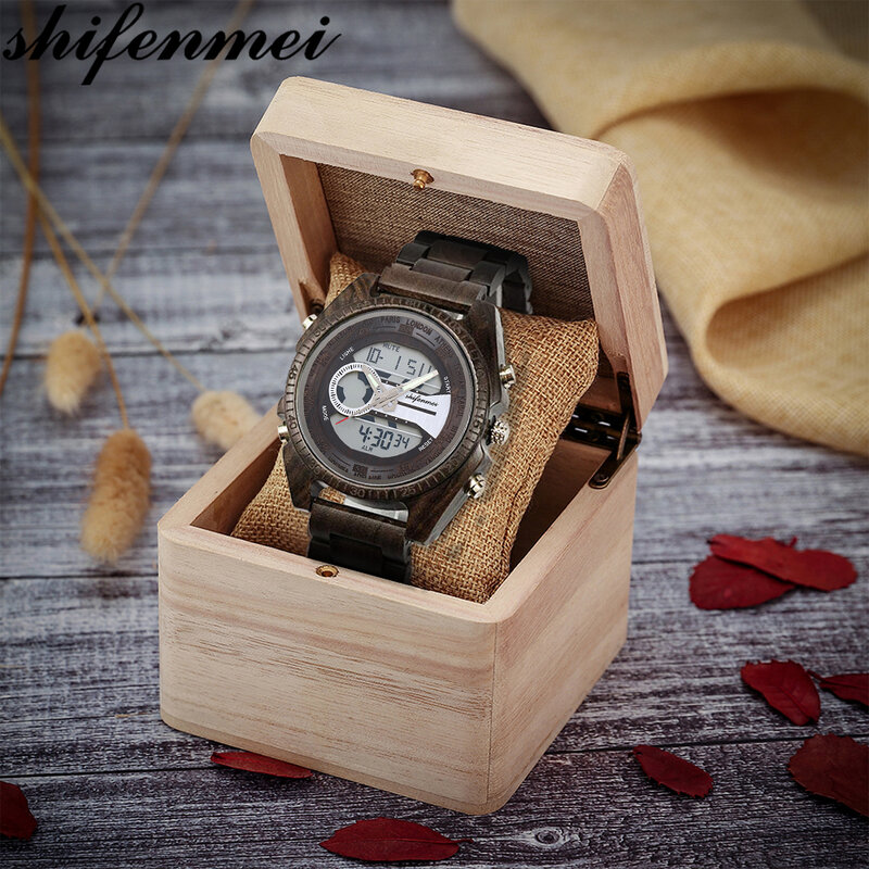 Shifenmei relógio do esporte dos homens 2020 topo de luxo marca relógio de madeira alarme relógios de pulso masculino relógios esportivos masculino de madeira relogio masculino