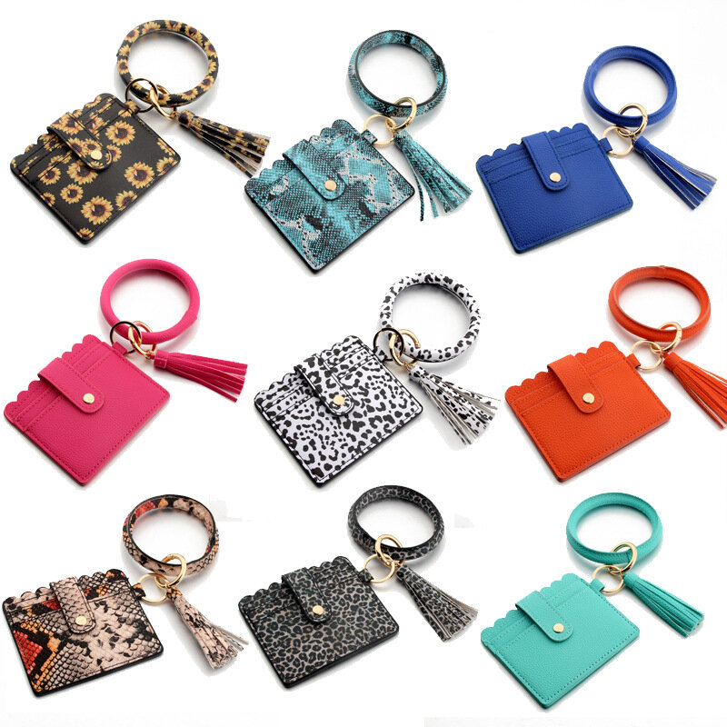 New Hot Sell Keychain Bag for Women Men Leopard O Wallet PU Leather Tassel Card Bag Snake Flower Bracelet Keychain Jewelry