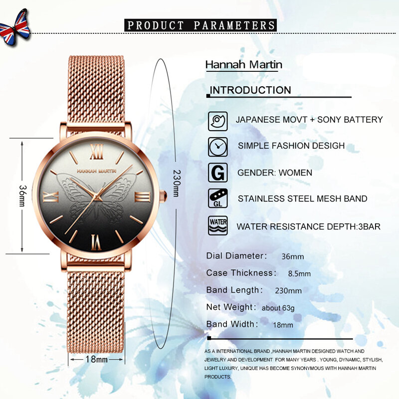 ハンナマーティンクォーツ腕時計女性の高級黒レディース腕時計ステンレス鋼の女性腕時計カジュアル蝶防水時計