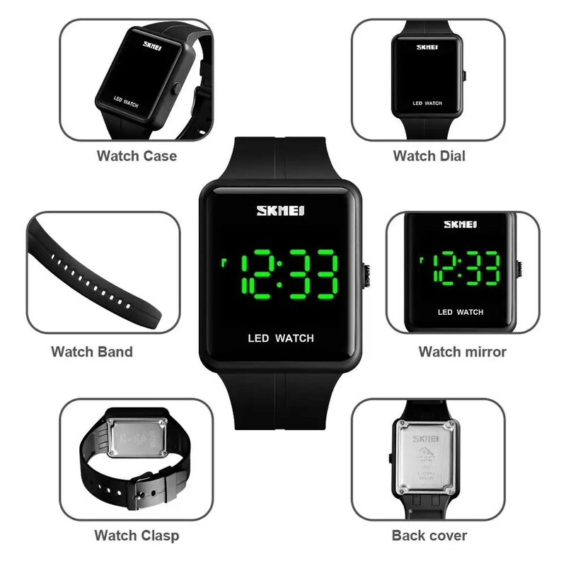 Skmei relógio digital led de silicone, relógio eletrônico esportivo para homens e mulheres, relógio masculino de esporte