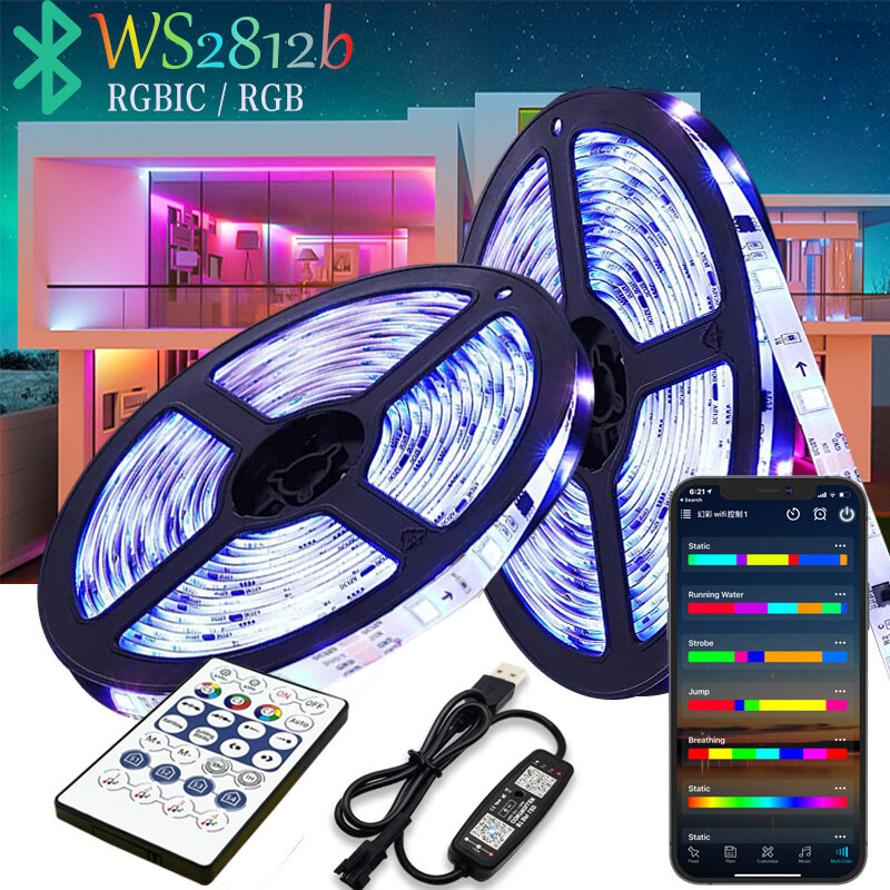 Strip LED 1M-30M Bluetooth RGB 5050 RGBIC WS282b Lampu Cocok untuk Ruang Tamu Kamar Tidur Pesta Liburan Lampu Dekorasi Komputer