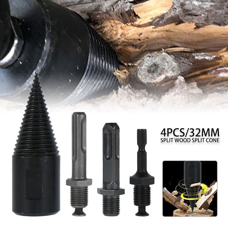 4pc 32mm HSS Firewood Splitter Drill Bit Round/Hex/Triangle Shank Wood Split Cone Drill Bit Woodworking Tools