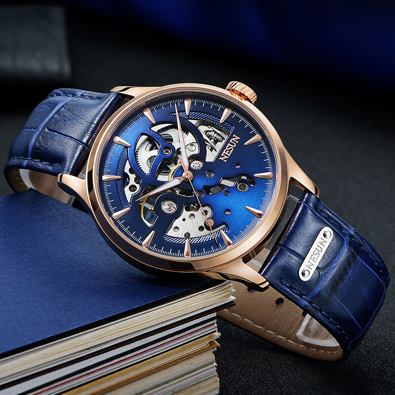 NESUN – montre-bracelet en cuir véritable pour hommes, marque de luxe suisse, horloge d'origine mécanique, 2020