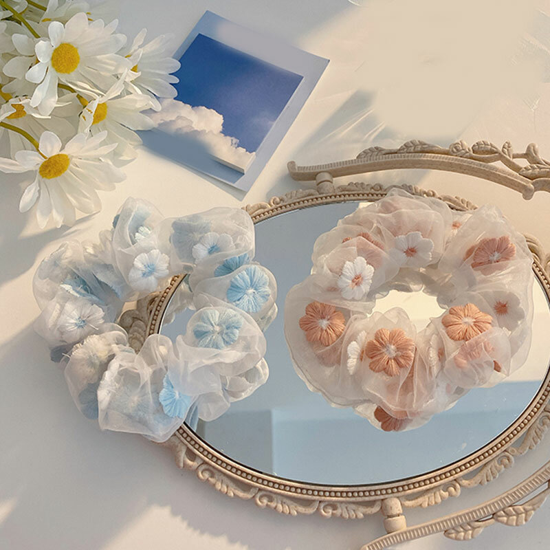 甘い刺繍花メッシュscrunchies女性ロマンチックなピンク青髪ロープ透明チュールオーガンザヘアネクタイヘアアクセサリー