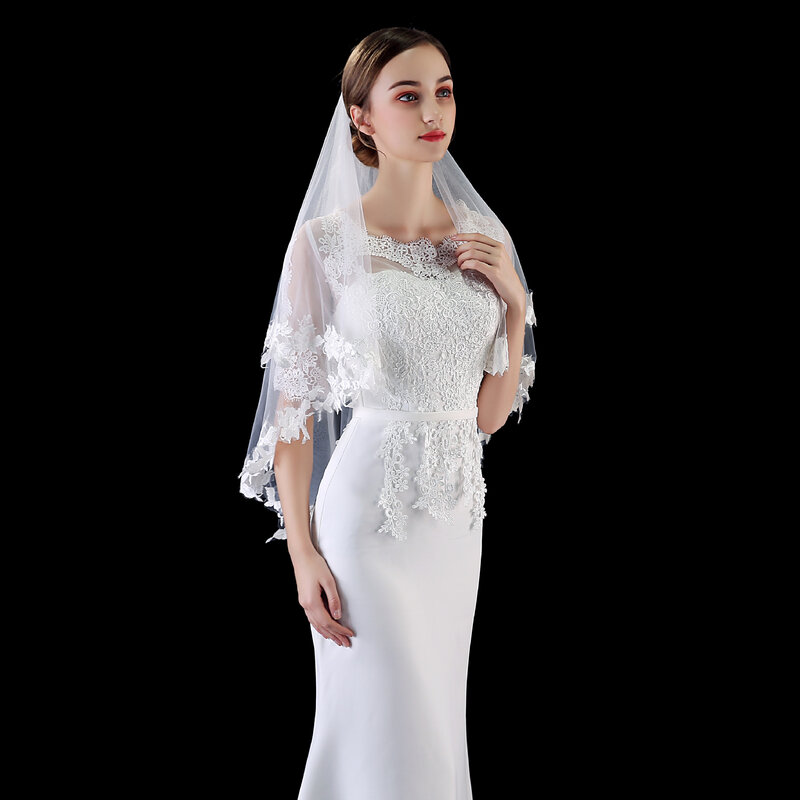Véu elegante do casamento com borda appliqued marfim acessórios do casamento da princesa véus de noiva do casamento
