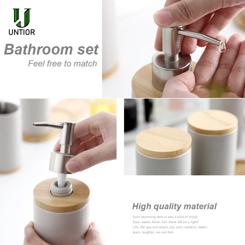UNTIOR Ceramic Bathroom Accessories Set with Bamboo Base Include Ceramic Tumbler Soap Dispenser Toothbrush holder Bathroom Set