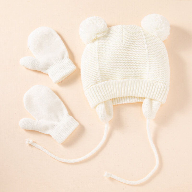 Chapeau en laine tricoté pour enfants, 2 pièces, chapeau chaud d'hiver, oreille solide, gant mignon, joli bonnet avec boule floue