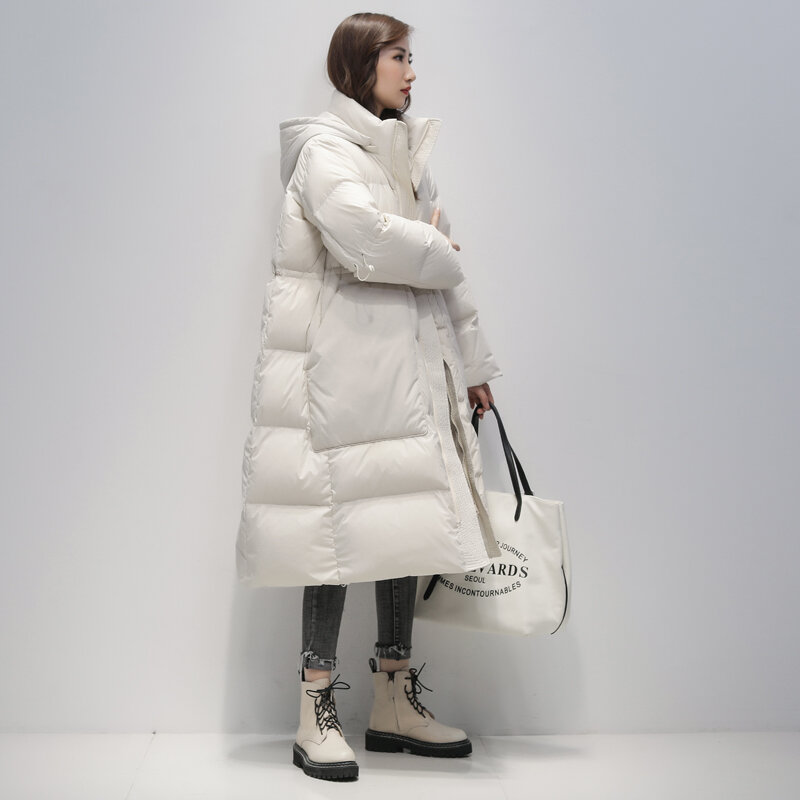 Pakaian Luar Serut Pinggang Tinggi Musim Dingin Jaket Panjang Longgar Bulu Bertudung Mantel Bulu Angsa Putih 90% Kualitas Tinggi Wanita