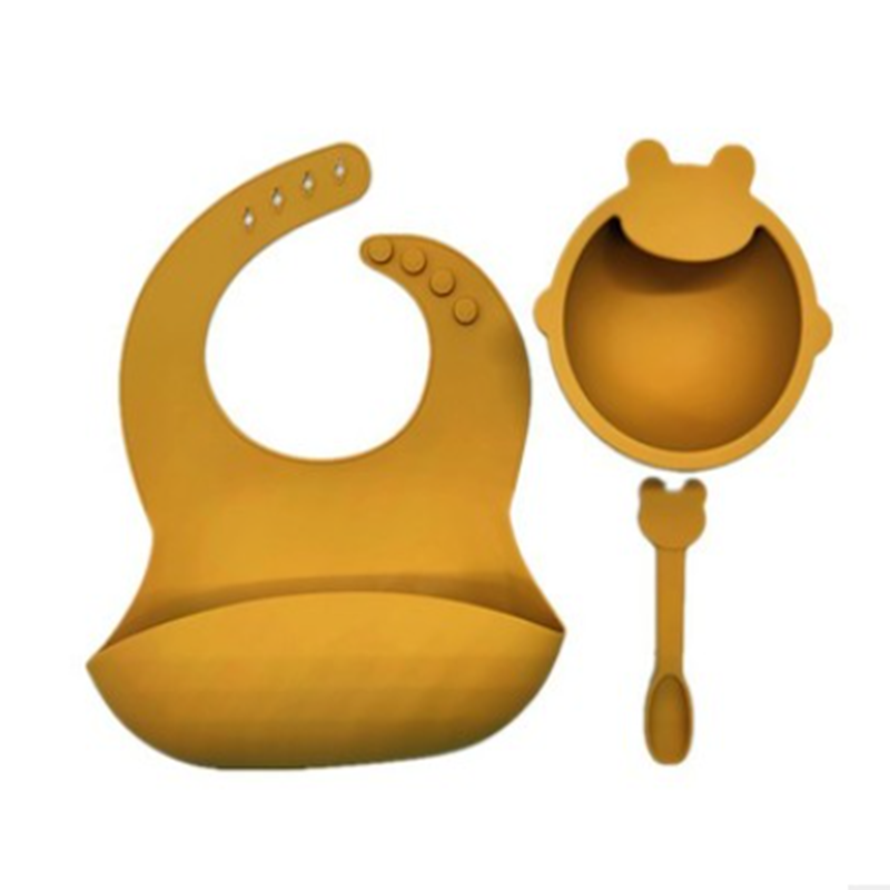 3pcs/set Baby Silicone Tableware  Waterproof  Solid Color Bib Sucker Bowl And Spoon For Children