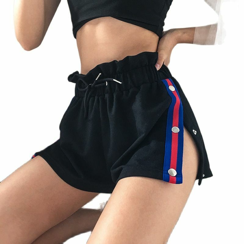 Celana Pendek Split Mode Wanita Tombol Samping 2021 Celana Pendek Streetwear Pinggang Tinggi Kolor Elastis Patchwork Hitam Musim Panas Penjualan Laris