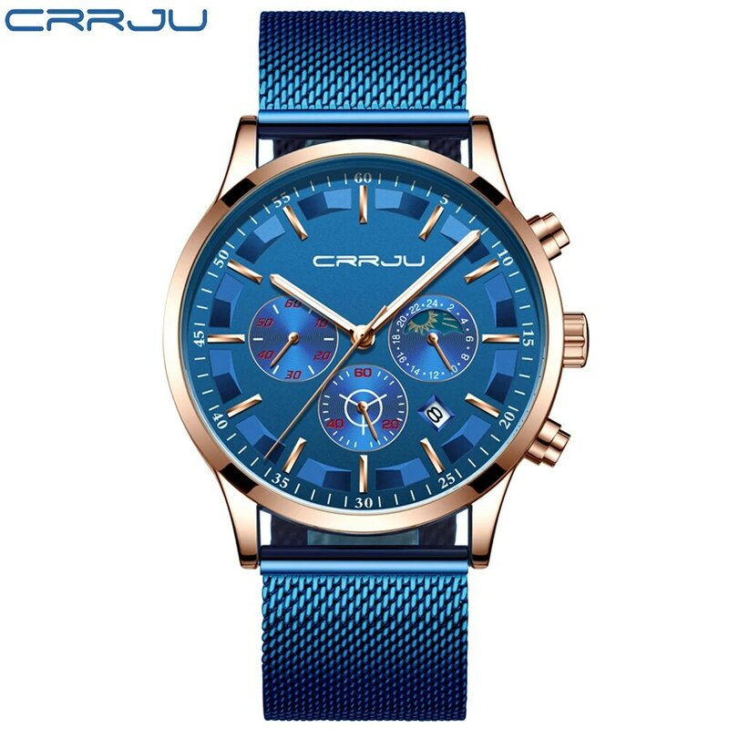 Часы наручные CRRJU Мужские кварцевые, брендовые Роскошные модные спортивные водонепроницаемые полностью стальные, в стиле милитари