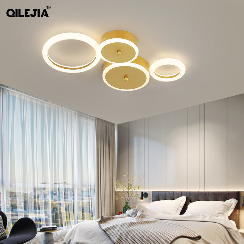 Lustre dourado de ferro e acrílico com luzes led, luminária regulável criativa circular para iluminação de interiores, sala de estar, de estudo ou quarto