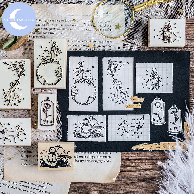 YUEGUANGXIA Fairy Tale Little Prince Birds Rose Fox Wooden Rubber Stamp Creative Bullet Journal Supplies Wooden Stamps 6 Designs