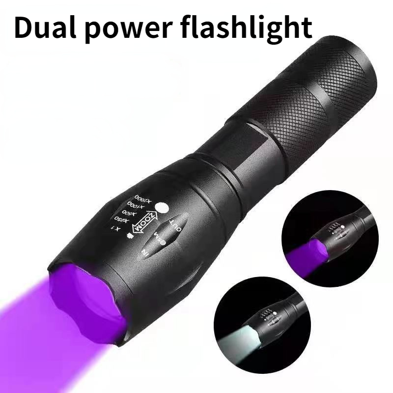 Iluminação ao ar livre lanterna t6 violeta dinheiro contador lâmpada uv ultravioleta escorpião dupla fonte de luz zoom luz da noite