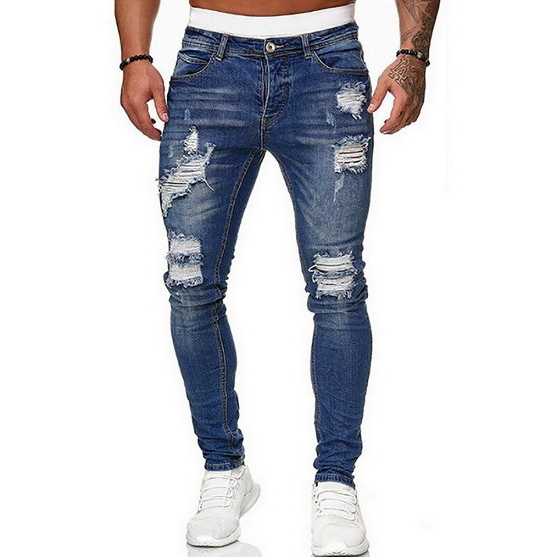 Calças de brim magros dos homens rasgado azul fino ajuste buraco lápis calças motociclista calças casuais streetwear 2021 alta qualidade denim roupas homem