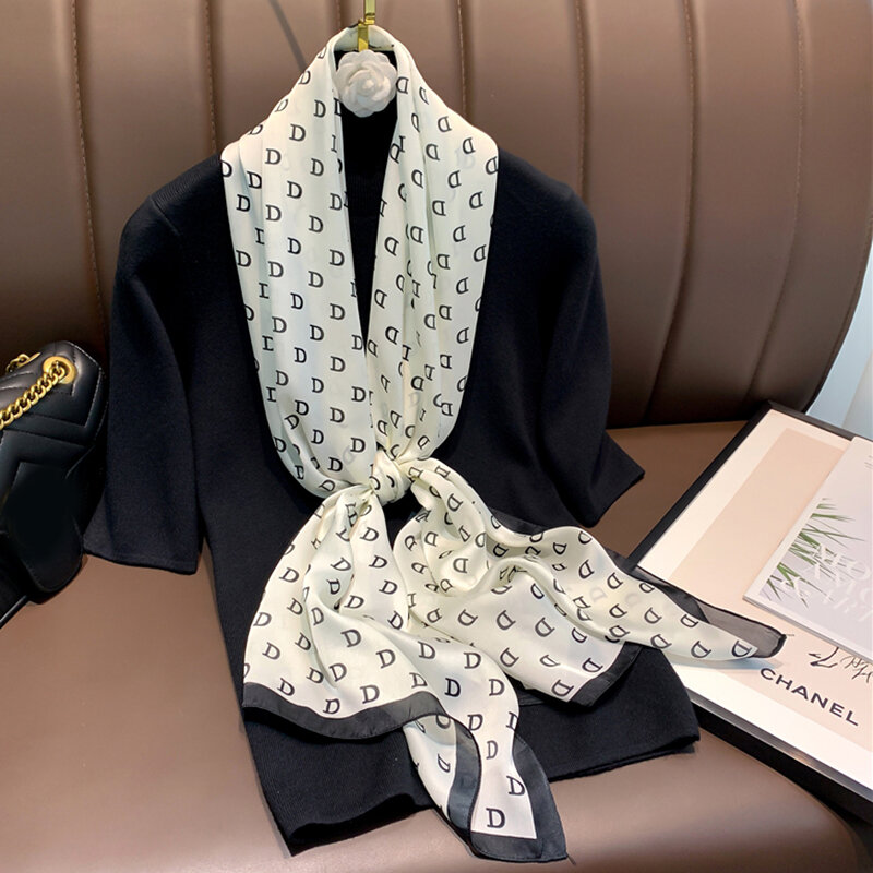 Дизайнерский шарф с надписью для женщин, брендовые длинные шелковые узкие шарфы, галстук на шею, женский платок, шаль, шарф, бандана