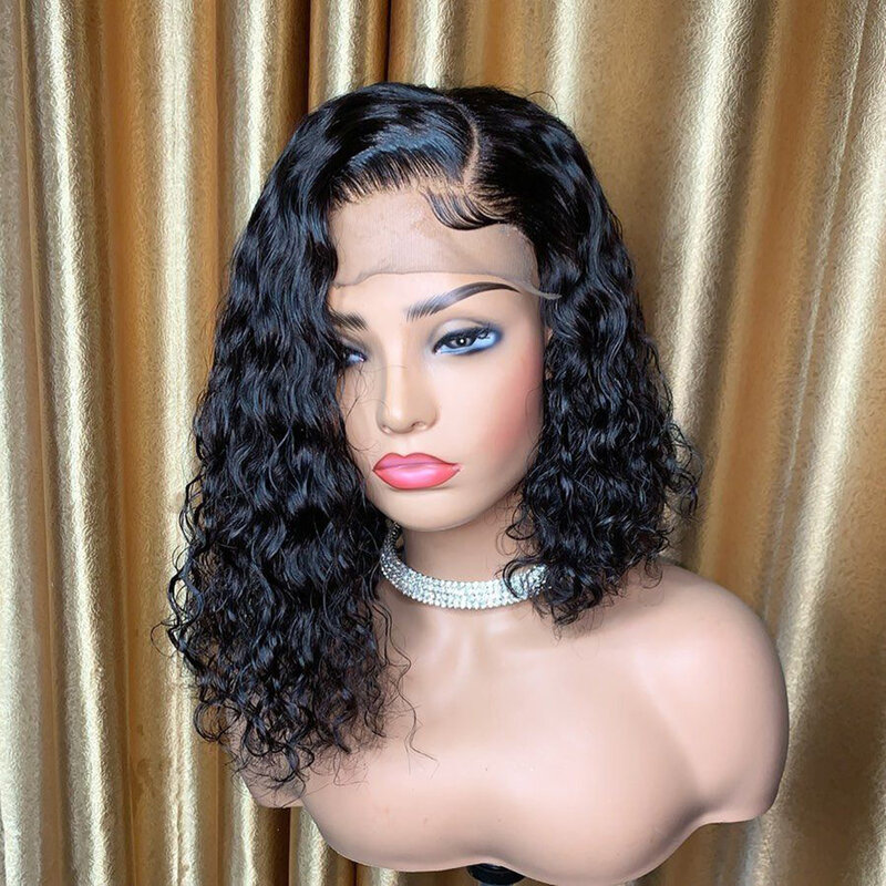 Middle Part Blunt Cut Short Bob Kinky Curly Synthetic Lace Front Wig For Black Women With Baby Hair Preplucked 180%Density Soft