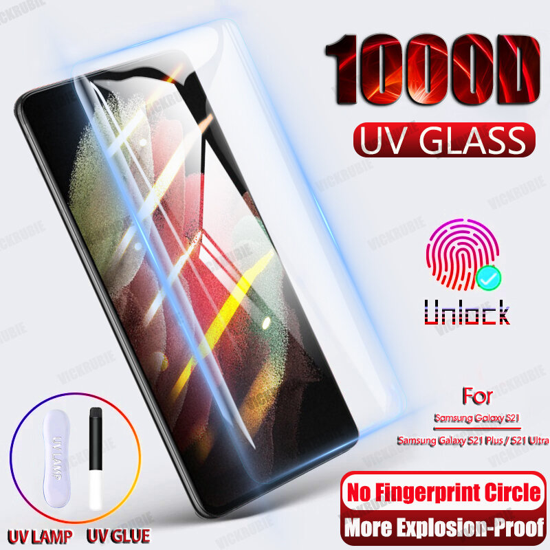 Protector de pantalla de vidrio templado para móvil, película protectora UV 1000D para Samsung Galaxy S21 Plus Note 20 Ultra S10 S9 S20 Plus S10E S 9 8 10 Note 9 10