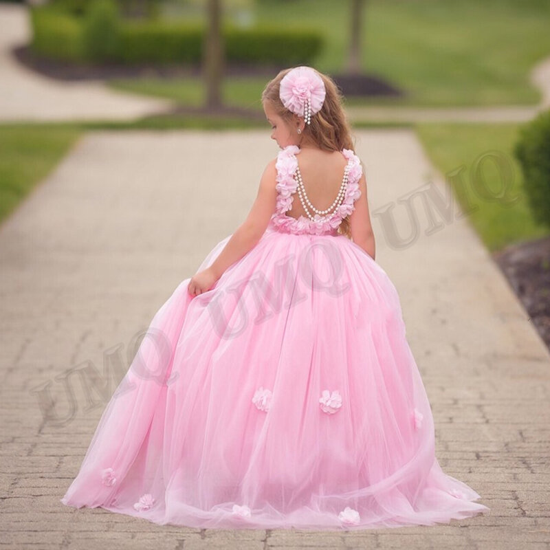 Lilac bonito tule vestido da menina flor aniversário pérola corrente sem costas vestidos de festa casamento trajes primeiro comunion transporte da gota