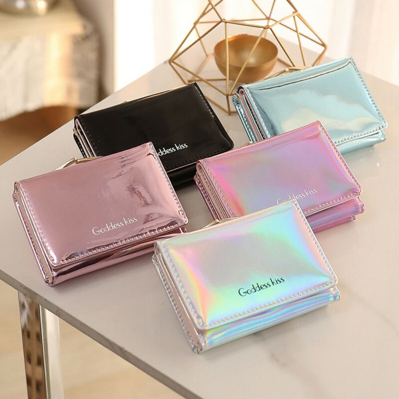 2019 Newest Hot Women Short Small Coin Purse Wallet Ladies Leather Folding Card Card Holder Laser Colorful Coin Purses