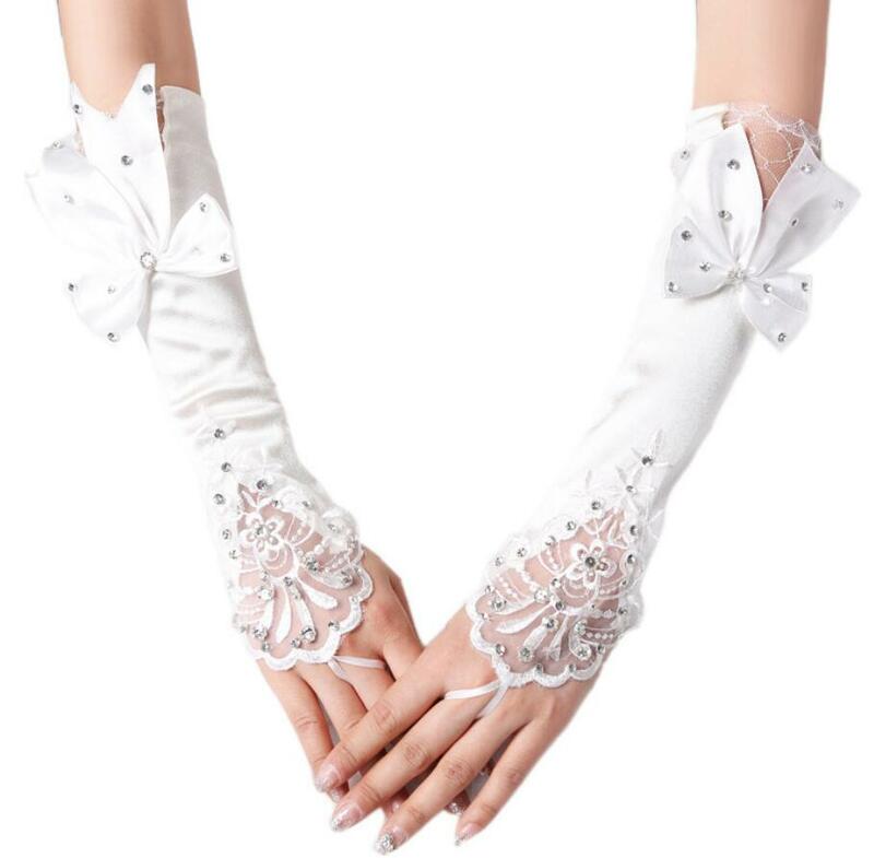 Guantes de boda para mujer y niña, manoplas elegantes de color marfil blanco, con gancho y longitud hasta el codo, accesorios nupciales, 1 par