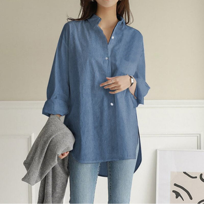 Japanese Style Autumn New 2021 Blue Women's Clothing Asymmetry Lapel 9 Sleeves Blouse Fashion Casual Solid Color Single-breasted