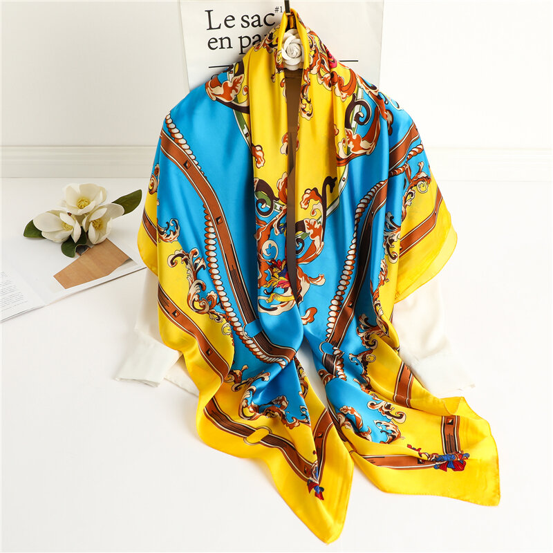 Новые шелковые шарфы шарф квадратной формы, 2021 для женщин модный принт хиджаб Женская резинка для волос женская Бандана Платок на голову 135*...