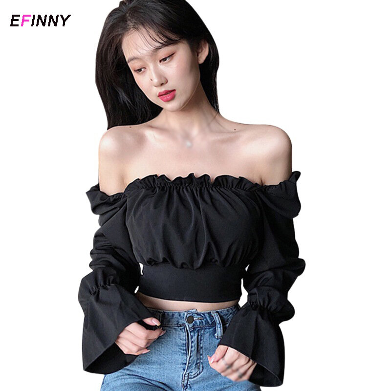 Efinny estilo coreano alças cruzadas sexy emagrecimento bolha camisa de mangas compridas branco um tamanho topos