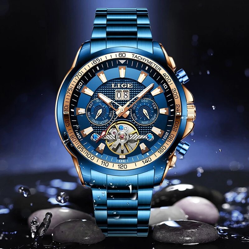 Lige safira vidro relógio automático masculino marca superior luxo completo aço esporte relógio mecânico moda 100m à prova dwaterproof água