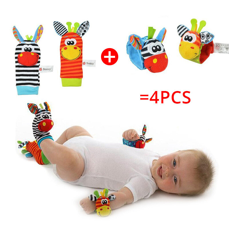 Sozzy chocalhos do bebê macio brinquedos de pelúcia 4 peça pé pulso chocalho conjunto dos desenhos animados recém-nascidos desenvolvimento brinquedos educativos para crianças presente