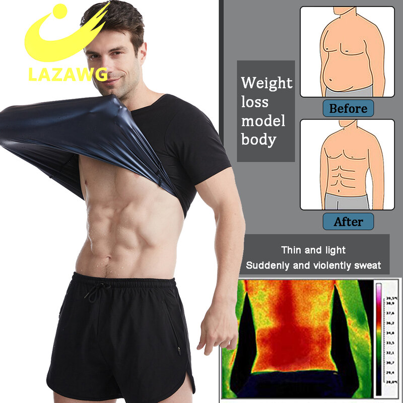 LAZAWG Sweat Shaper Fashion Short Sleeve Tops Slimming Shirt with Zipper Sauna Vest Shapewear for Men Workout Shapers Shirts