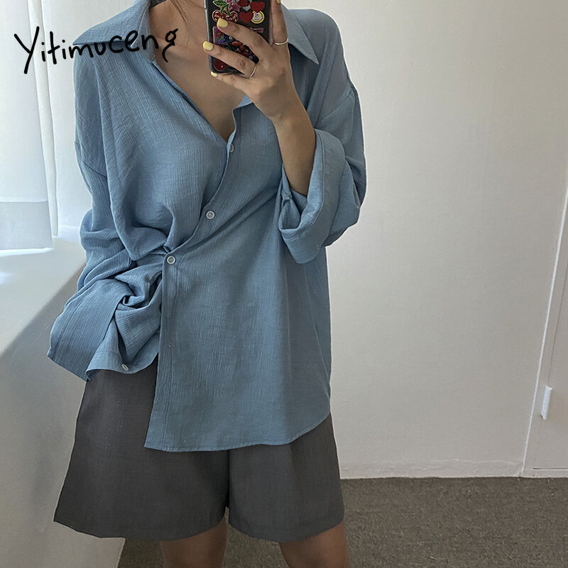 Yitimucengロングシャツブウーマンオーバーサイズトップボタントップス韓国ファッションの基本的なブラウス固体アプリコット白青2021春夏
