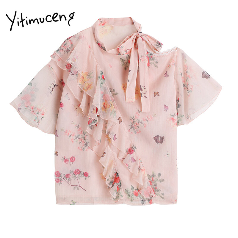 Yitimuceng blusa de impressão floral feminino babados laço acima camisas sem alças solto chiffon roupas 2021 verão moda nova topos