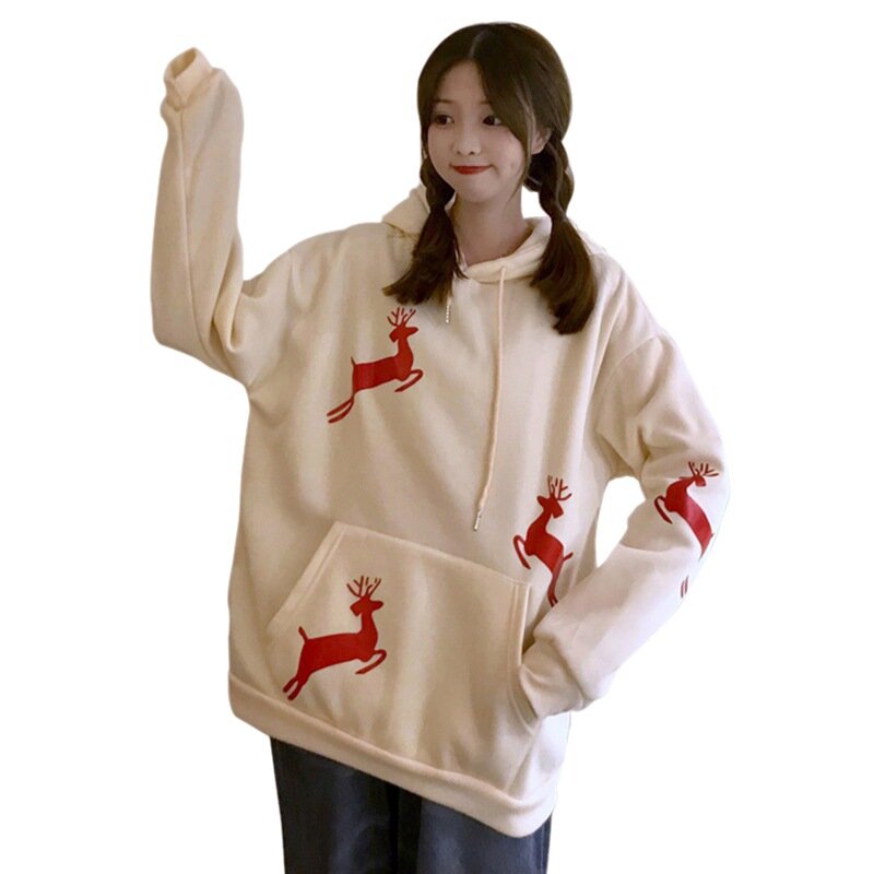 Otoño invierno coreano estilo suelto Navidad jerseys para Mujer impresión, además De terciopelo grueso con capucha Top De Mujer De Moda