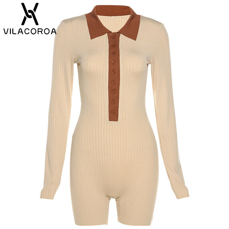 Button Stitching Long-Sleeve Jumpsuit Women Turn Down Collar Skinny Basic Vintage One-Piece Knitted Bodysuit Female Clothing