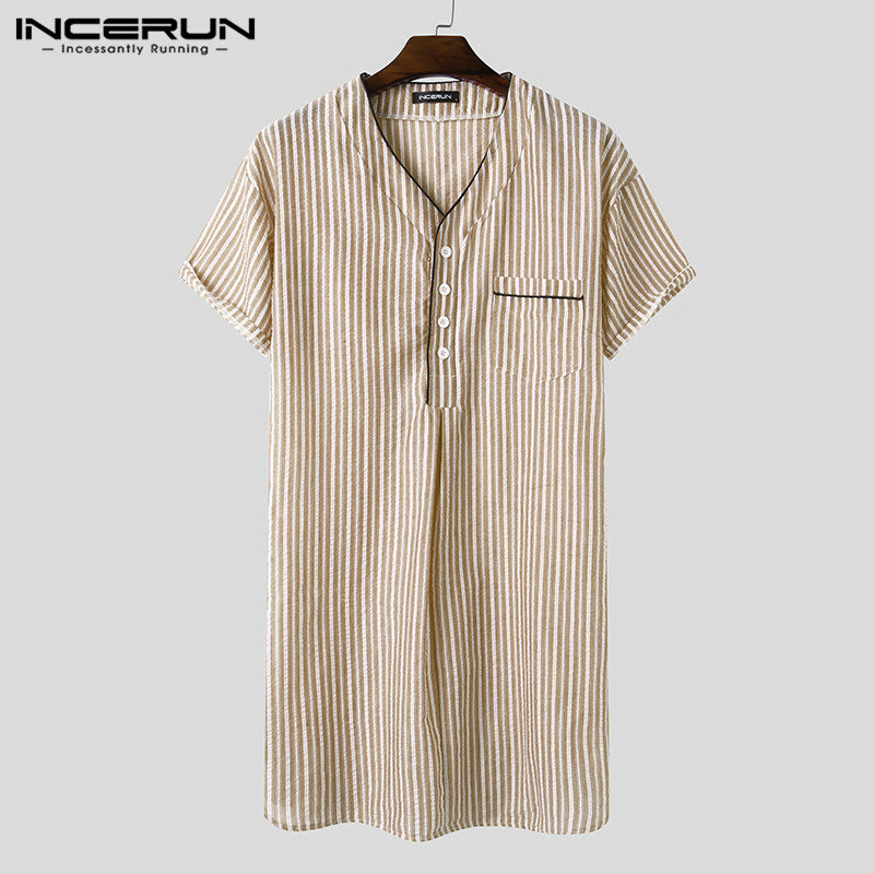 INCERUN – chemise de nuit à rayures pour homme, vêtements de nuit en coton, à manches courtes, col en V, respirant, été, S-5XL